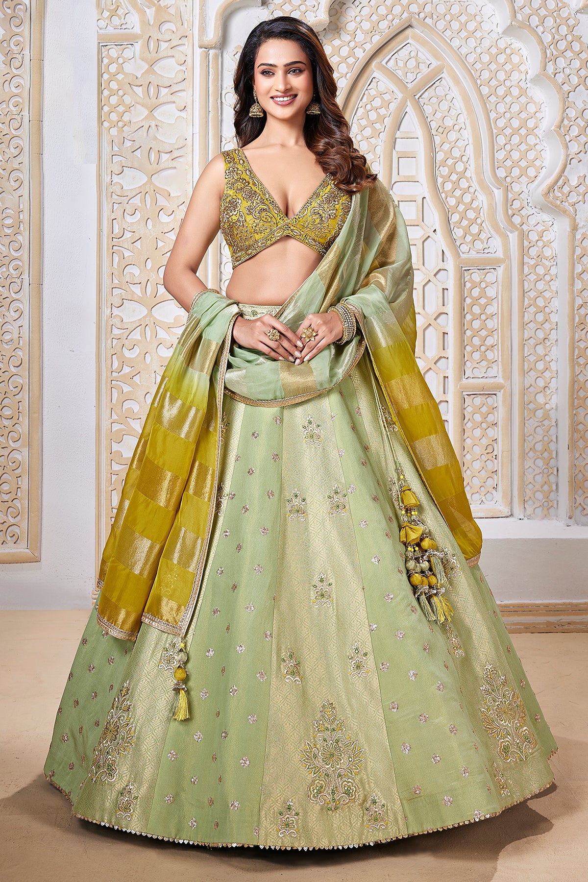 Green Tissue Woven and Sequin Worked Lehenga