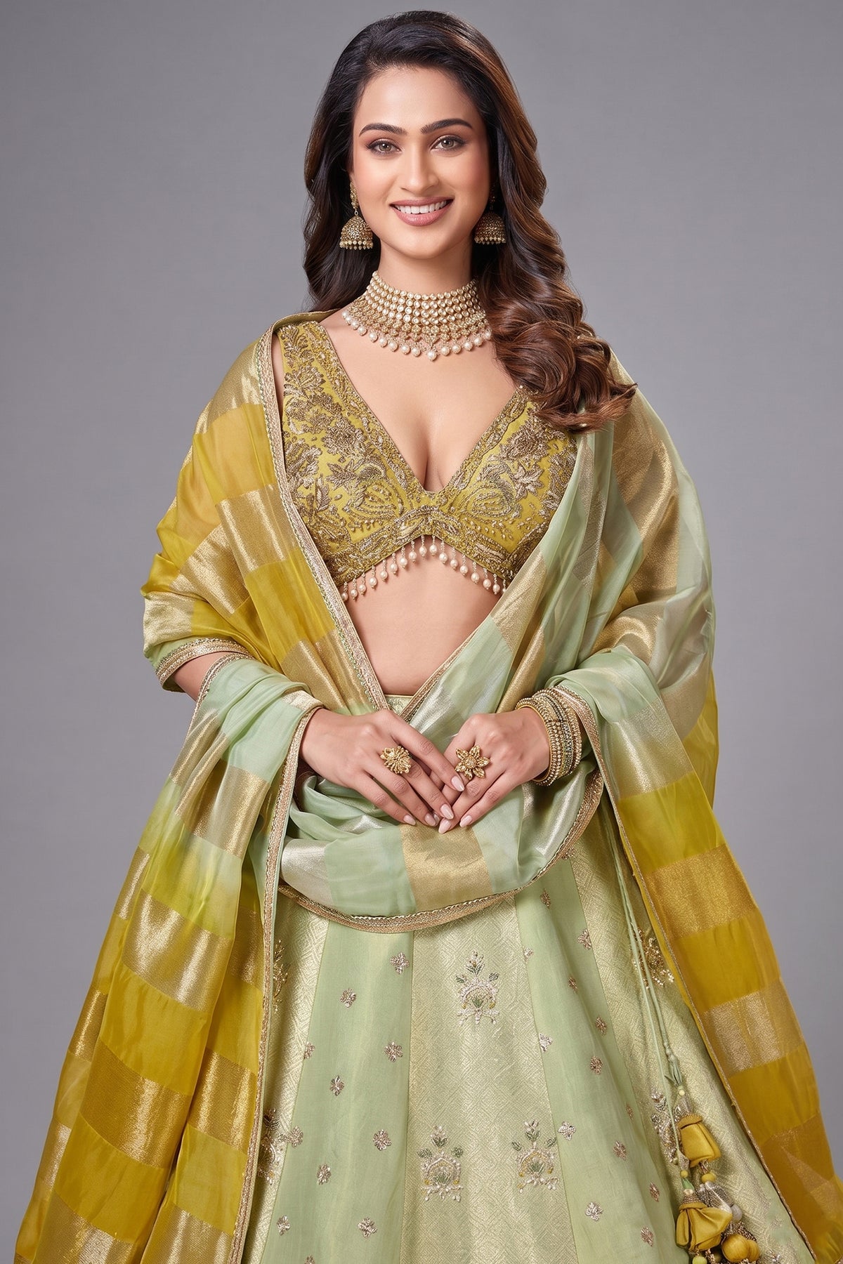 Green Tissue Woven and Sequin Worked Lehenga