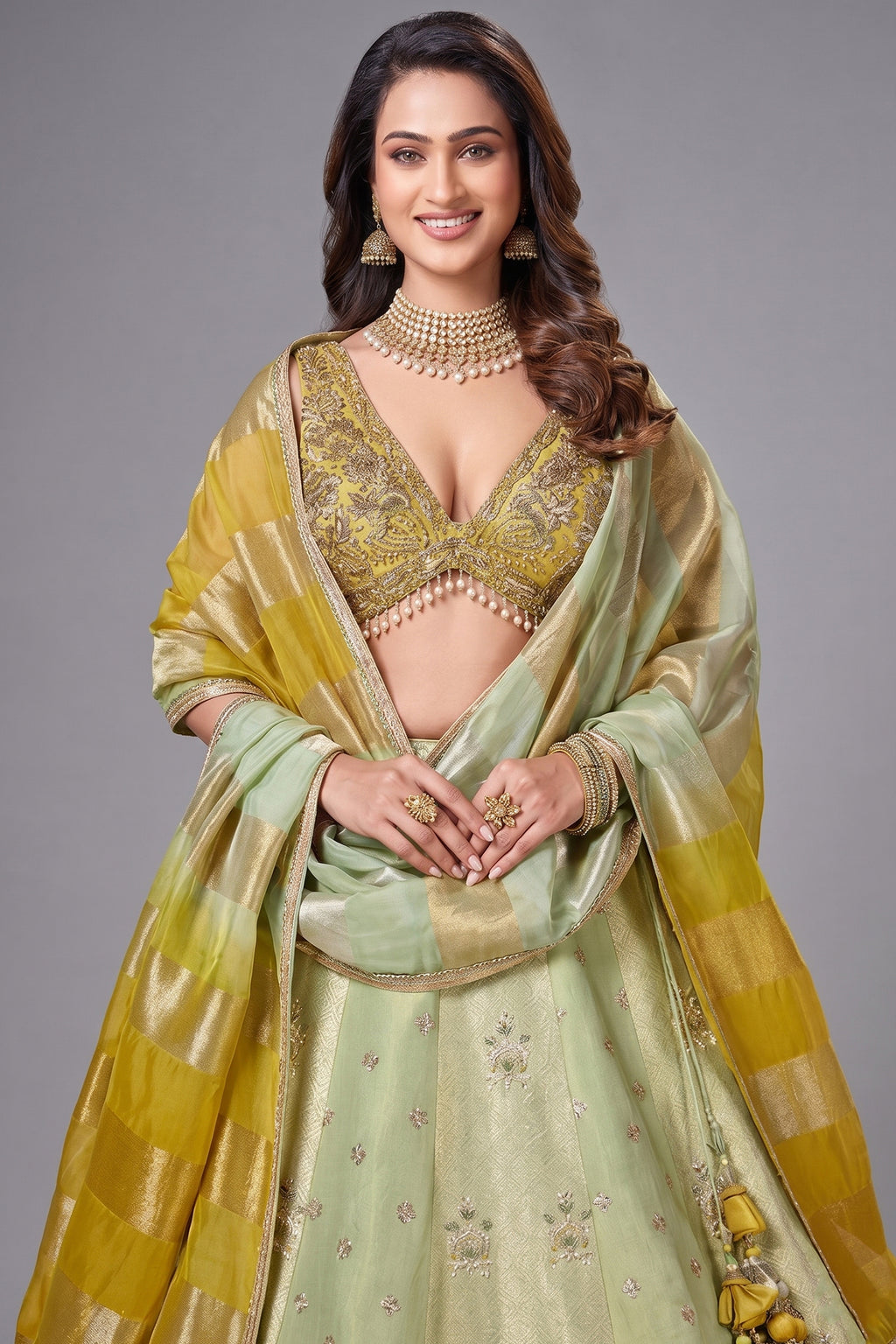 Green Tissue Woven and Sequin Worked Lehenga