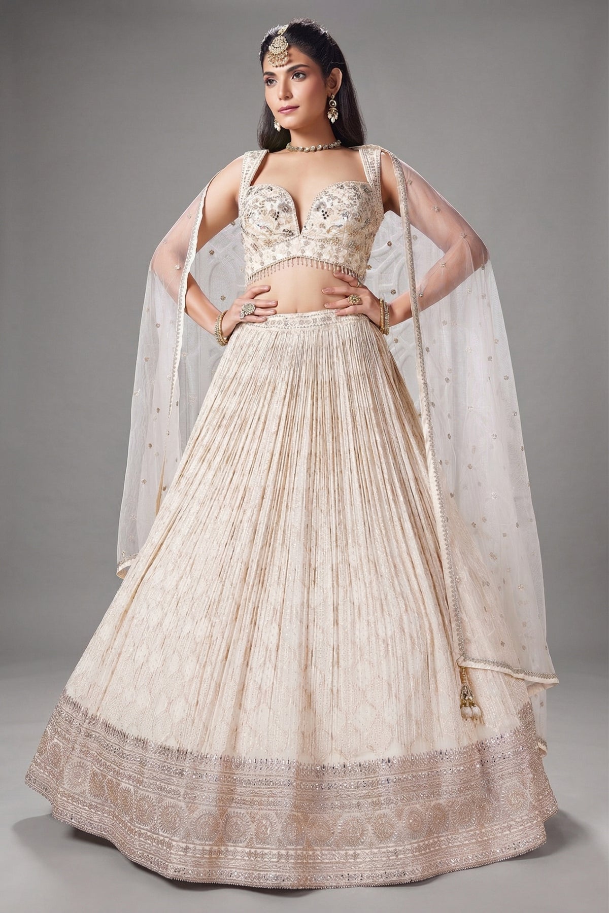 Ivory White Georgette Zari Woven Lehenga with Sequin Embroidery Work