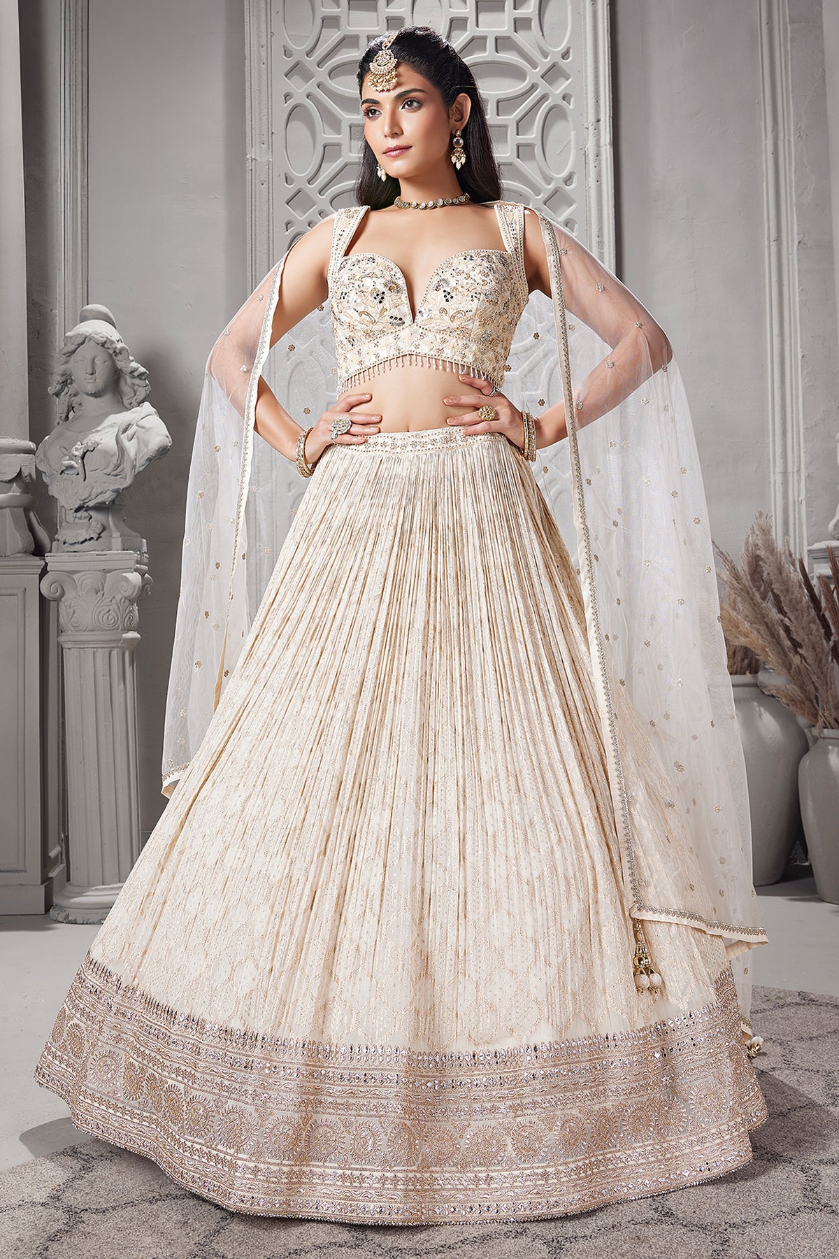Ivory White Georgette Zari Woven Lehenga with Sequin Embroidery Work