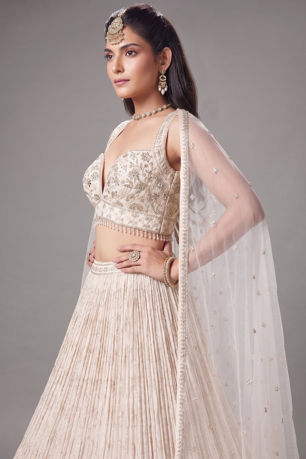 Ivory White Georgette Zari Woven Lehenga with Sequin Embroidery Work