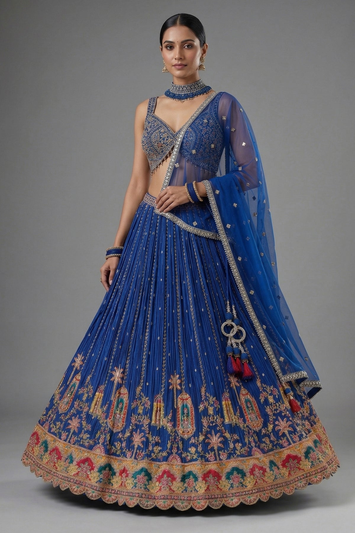 Blue Chinon Crepe Printed and Sequin Worked Lehenga