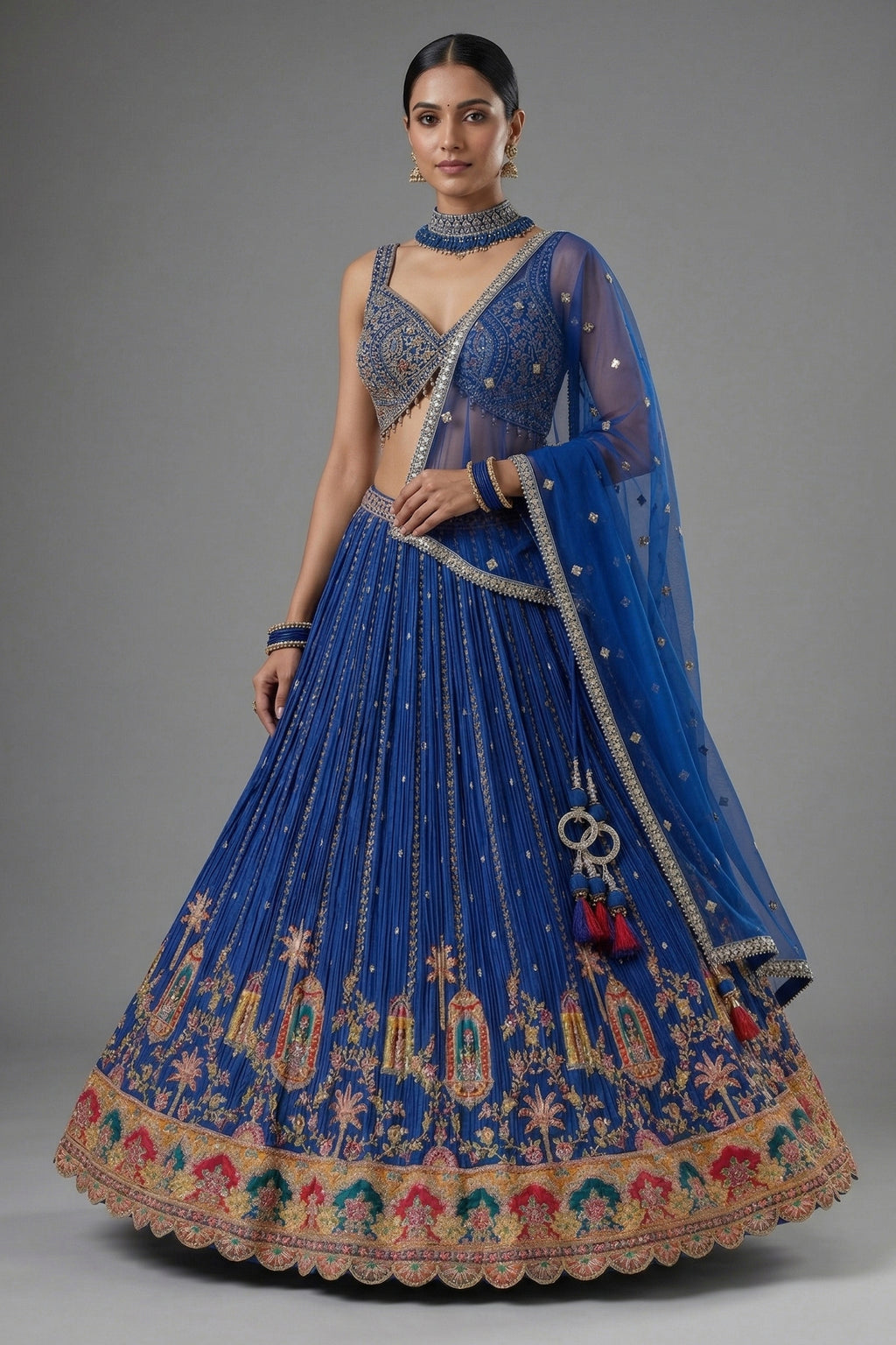 Blue Chinon Crepe Printed and Sequin Worked Lehenga