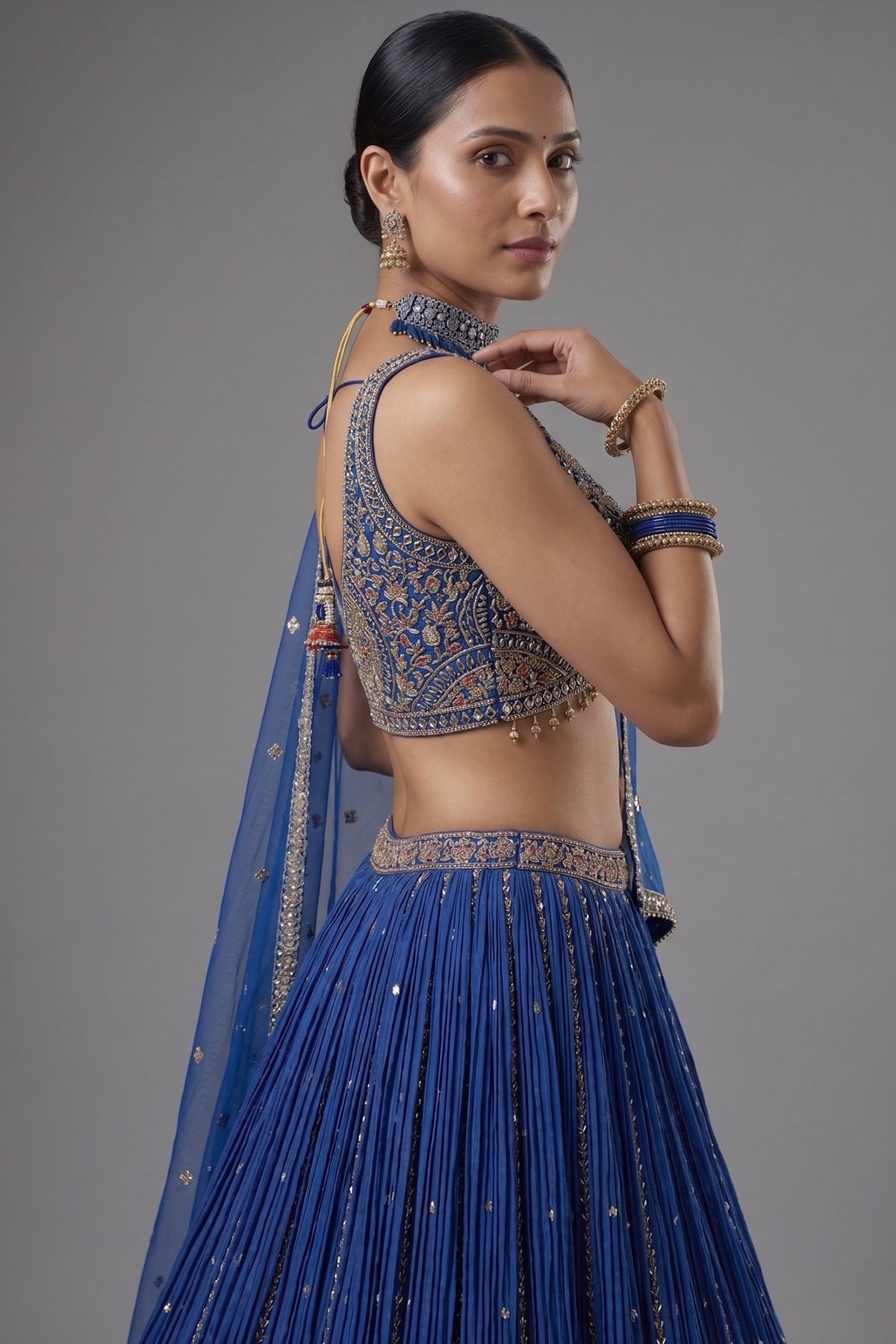 Blue Chinon Crepe Printed and Sequin Worked Lehenga