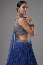 Blue Chinon Crepe Printed and Sequin Worked Lehenga