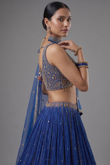 Blue Chinon Crepe Printed and Sequin Worked Lehenga