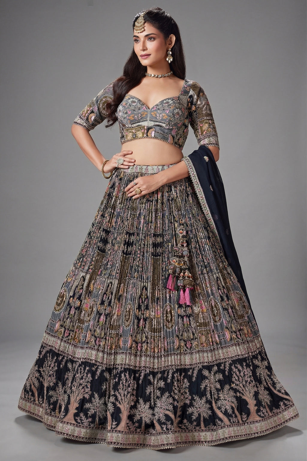 Black Chinon All Over Printed Flared Lehenga with Sequin Work