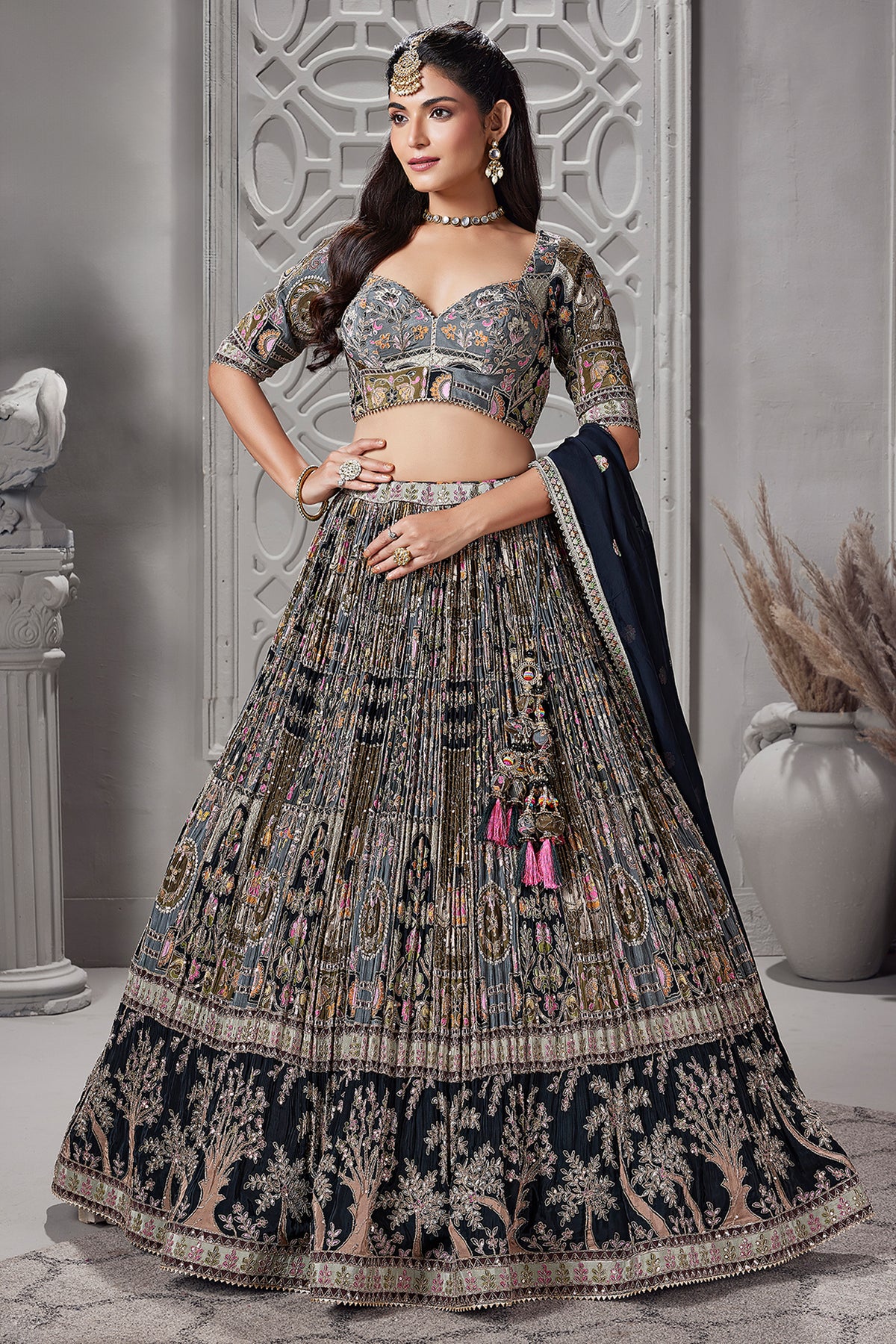 Black Chinon All Over Printed Flared Lehenga with Sequin Work