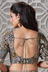 Black Chinon All Over Printed Flared Lehenga with Sequin Work