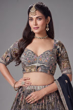 Black Chinon All Over Printed Flared Lehenga with Sequin Work