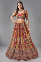Yellow and Red Crepe Silk Printed Lehenga