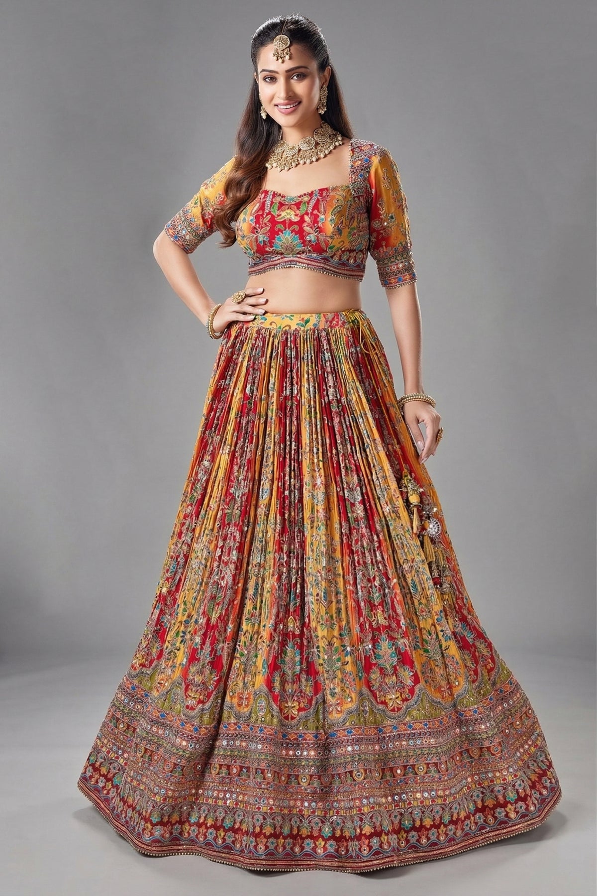 Yellow and Red Crepe Silk Printed Lehenga