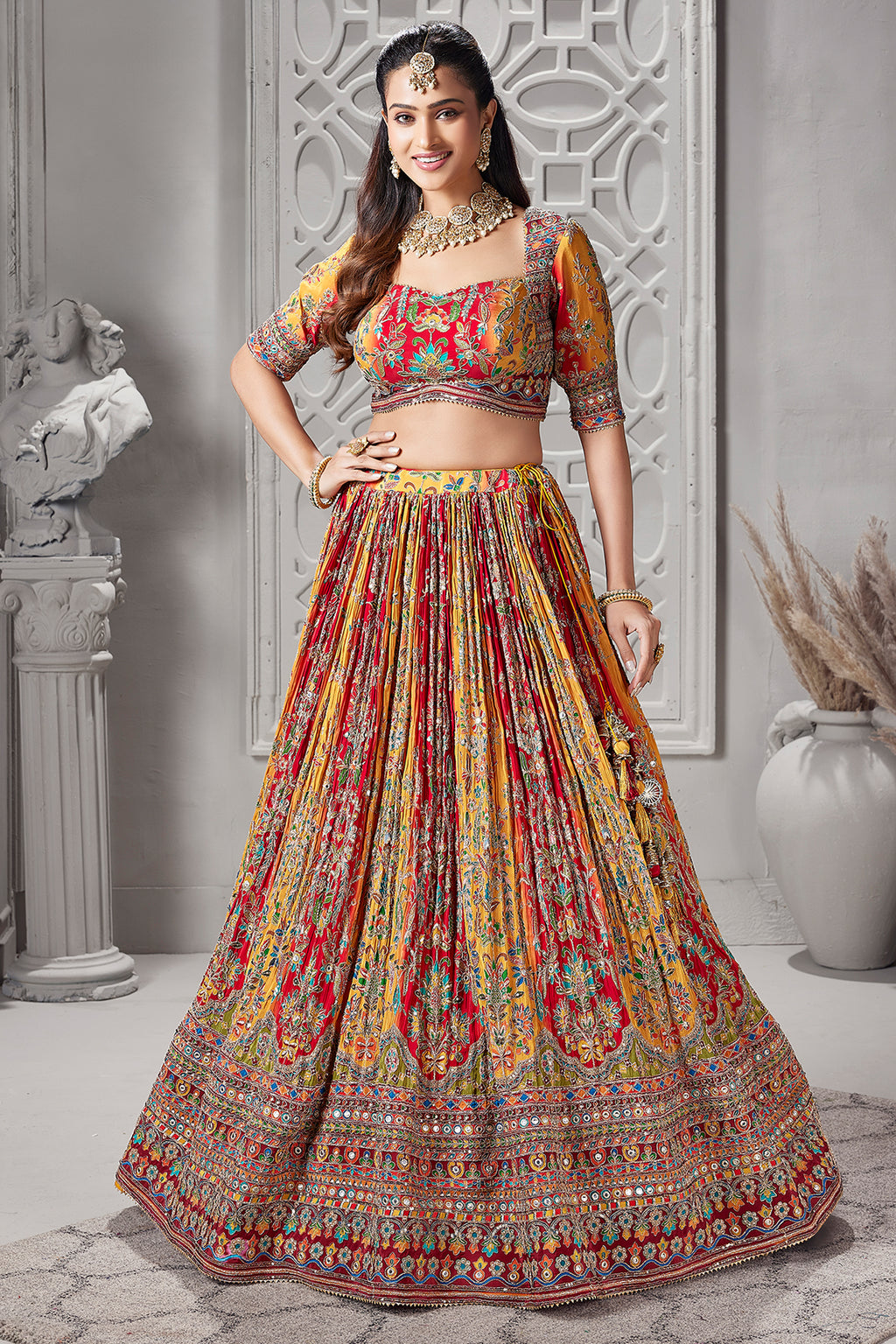 Yellow and Red Crepe Silk Printed Lehenga