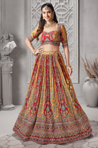 Yellow and Red Crepe Silk Printed Lehenga