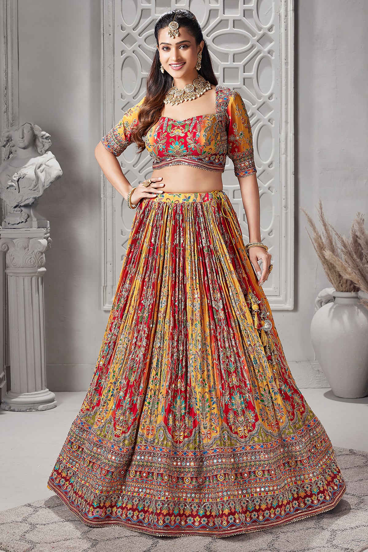 Yellow and Red Crepe Silk Printed Lehenga
