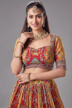 Yellow and Red Crepe Silk Printed Lehenga