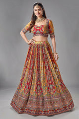 Yellow and Red Crepe Silk Printed Lehenga
