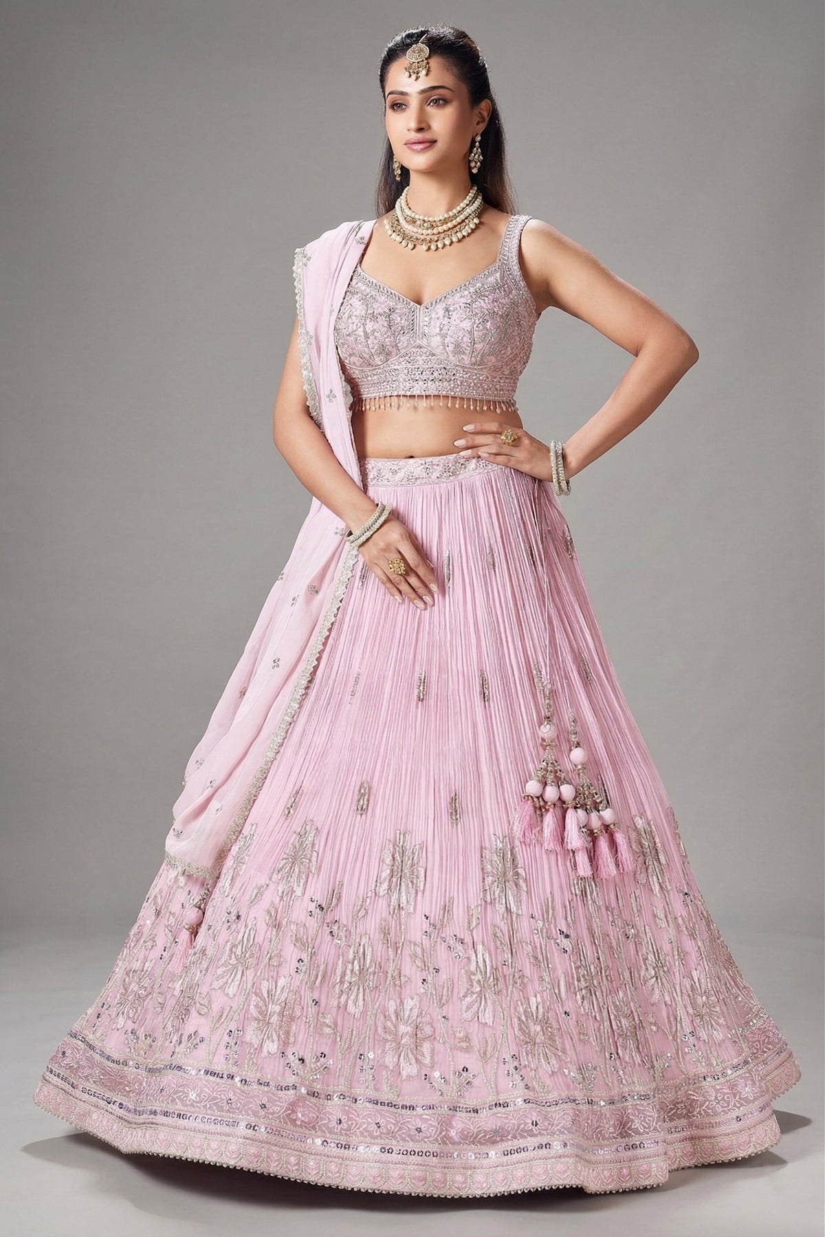 Light Pink Georgette Floral Embroidered and Sequin Worked Lehenga