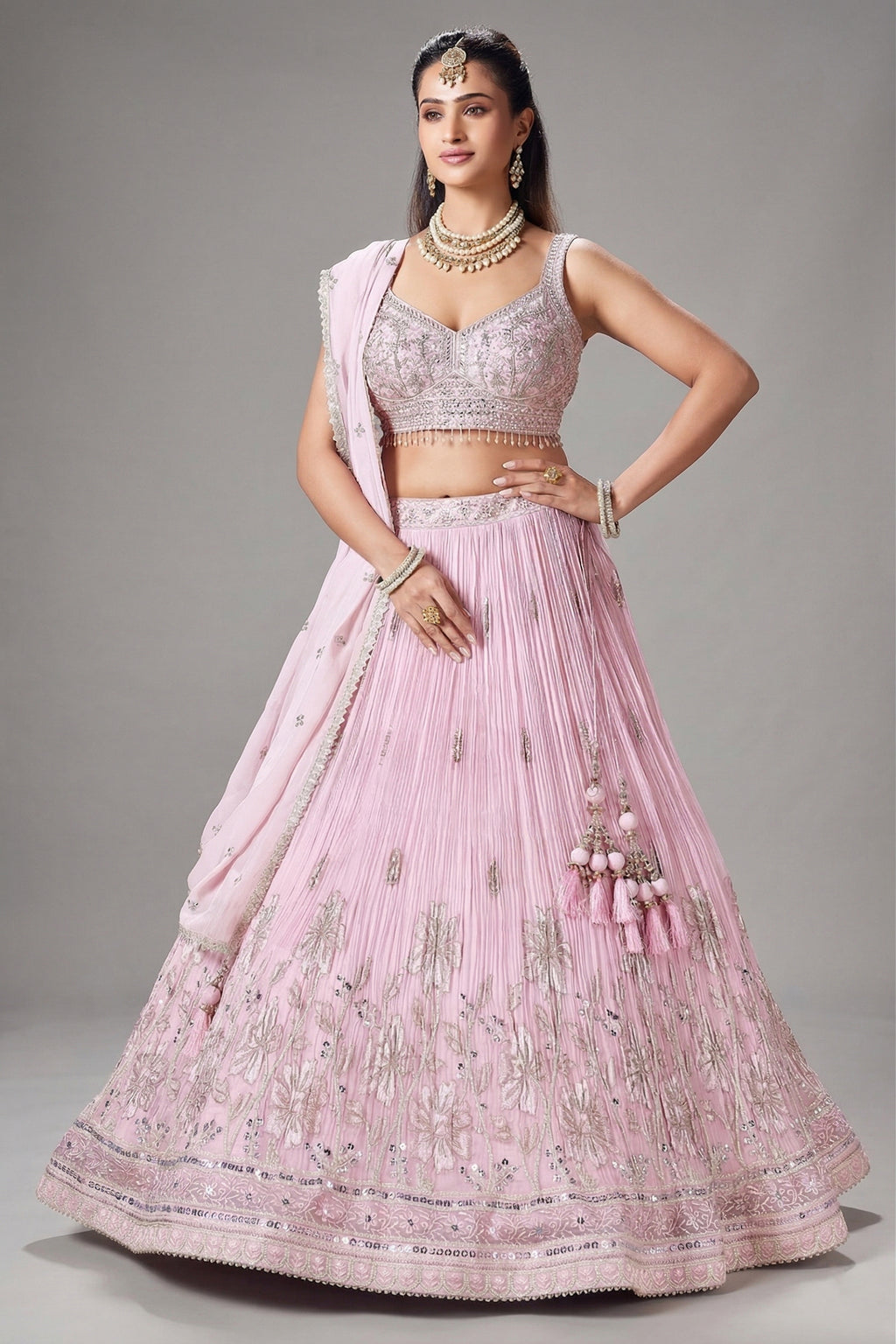 Light Pink Georgette Floral Embroidered and Sequin Worked Lehenga