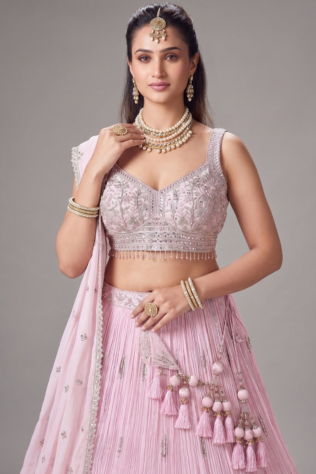 Light Pink Georgette Floral Embroidered and Sequin Worked Lehenga