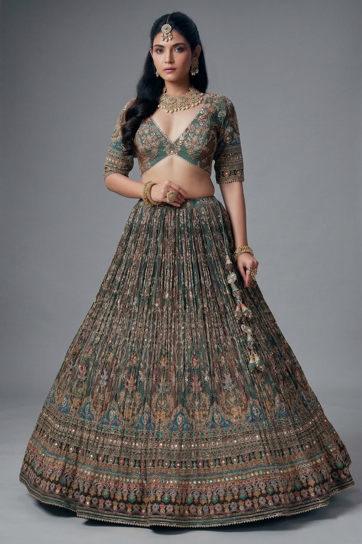 Green and Brown Crepe Silk Printed Lehenga with Sequin Work