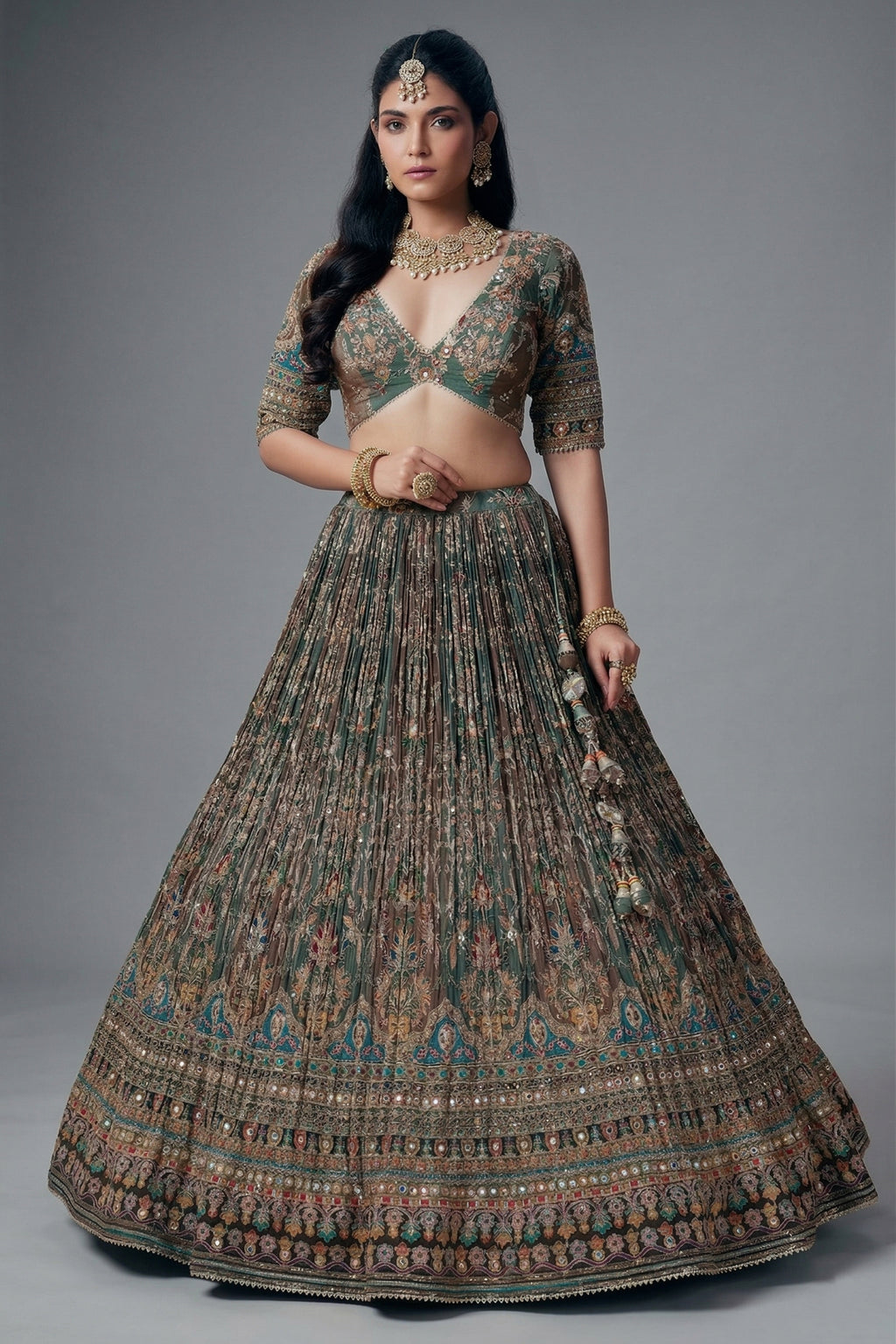 Green and Brown Crepe Silk Printed Lehenga with Sequin Work