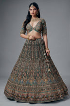 Green and Brown Crepe Silk Printed Lehenga with Sequin Work