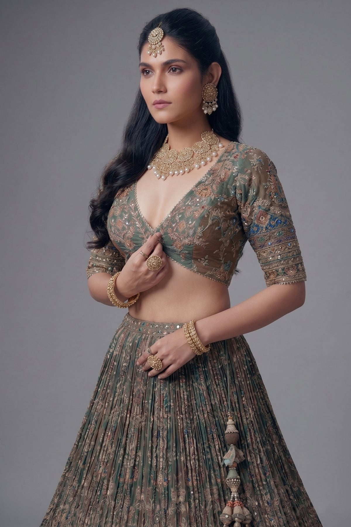 Green and Brown Crepe Silk Printed Lehenga with Sequin Work