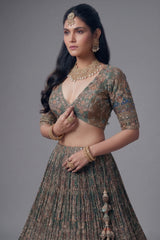 Green and Brown Crepe Silk Printed Lehenga with Sequin Work
