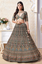 Green and Brown Crepe Silk Printed Lehenga with Sequin Work