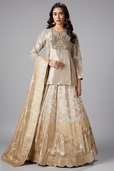 Cream and Golden Ombre Organza Floral Zari Woven Lehenga with Long Zardosi Worked Top
