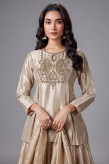 Cream and Golden Ombre Organza Floral Zari Woven Lehenga with Long Zardosi Worked Top