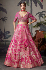 Pink Banarasi Brocade Silk Zari Weaving Lehenga