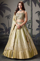 Light Pista Green Tissue Zari Woven Lehenga with Beaded Zardosi Worked Blouse