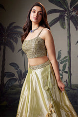 Light Pista Green Tissue Zari Woven Lehenga with Beaded Zardosi Worked Blouse
