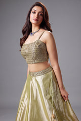 Light Pista Green Tissue Zari Woven Lehenga with Beaded Zardosi Worked Blouse