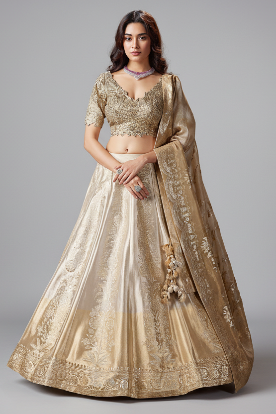 Silver and Golden Ombre Tissue Floral Zari Woven Lehenga