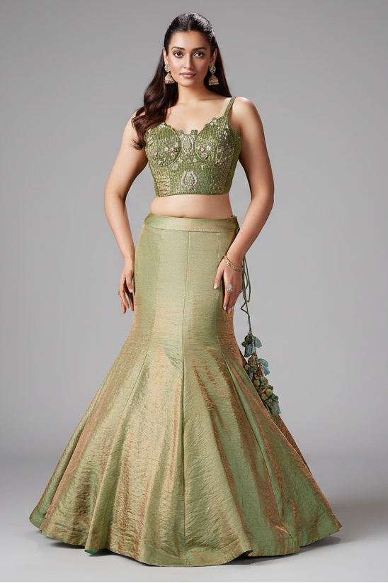 Moss Green Crush Tissue Silk Fish Cut Lehenga with Sequins and Beaded Corset