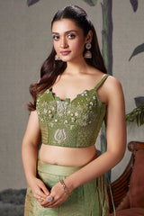 Moss Green Crush Tissue Silk Fish Cut Lehenga with Sequins and Beaded Corset