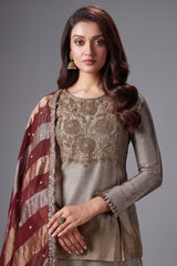 Silver and Golden Ombre Tissue Zardosi Worked Lehenga with Long Top