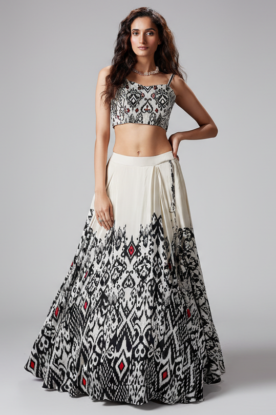Pearl White Crepe Silk Printed Lehenga with Beaded and Cutdana Work Corset