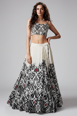 Pearl White Crepe Silk Printed Lehenga with Beaded and Cutdana Work Corset