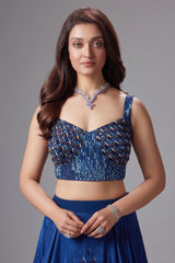 Blue Crepe Silk Printed Flared Lehenga with Sequin Cutdana Worked Corset