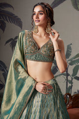 Teal Green and Golden Tissue Lehenga with Handworked Blouse