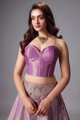 Lilac and Golden Tissue Lehenga with Handworked Waist Belt and Structured Corset Blouse