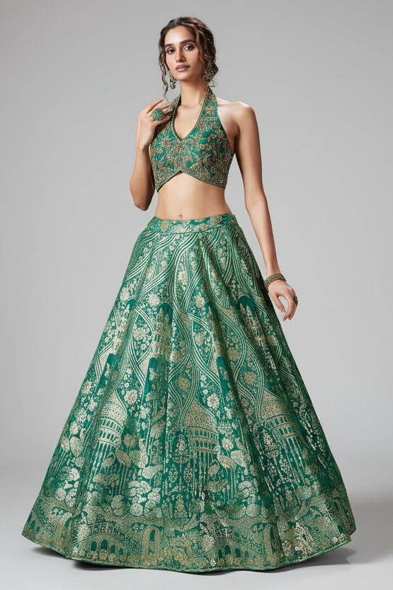 Green Banarasi Brocade Silk Zari Woven Lehenga with Zardosi Work Halter Neck Blouse