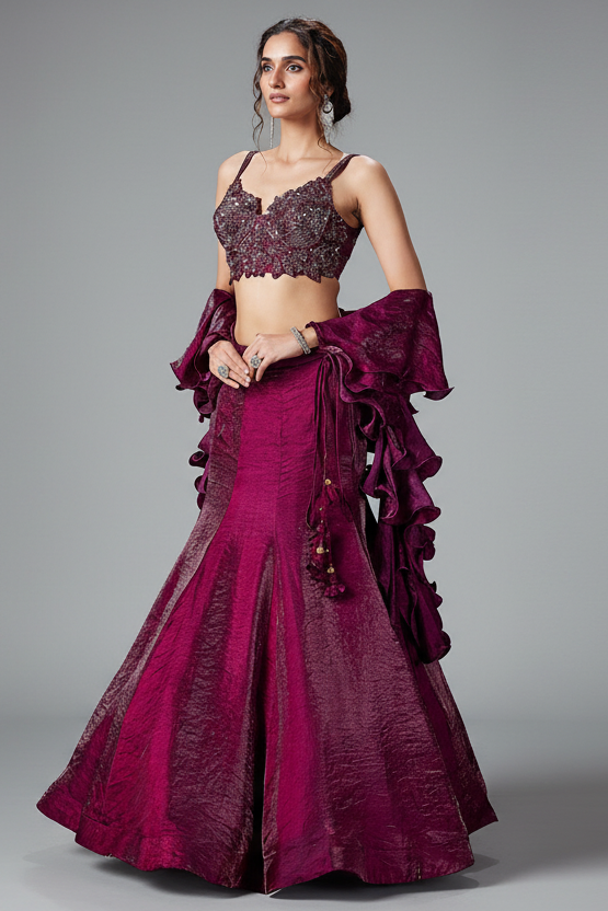 Plum Purple Crush Tissue Silk Mermaid Lehenga with Handworked Corset Blouse
