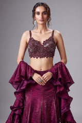 Plum Purple Crush Tissue Silk Mermaid Lehenga with Handworked Corset Blouse