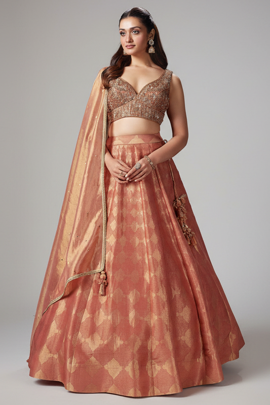 Coral Peach Tissue Zari Woven Lehenga with Handworked Blouse